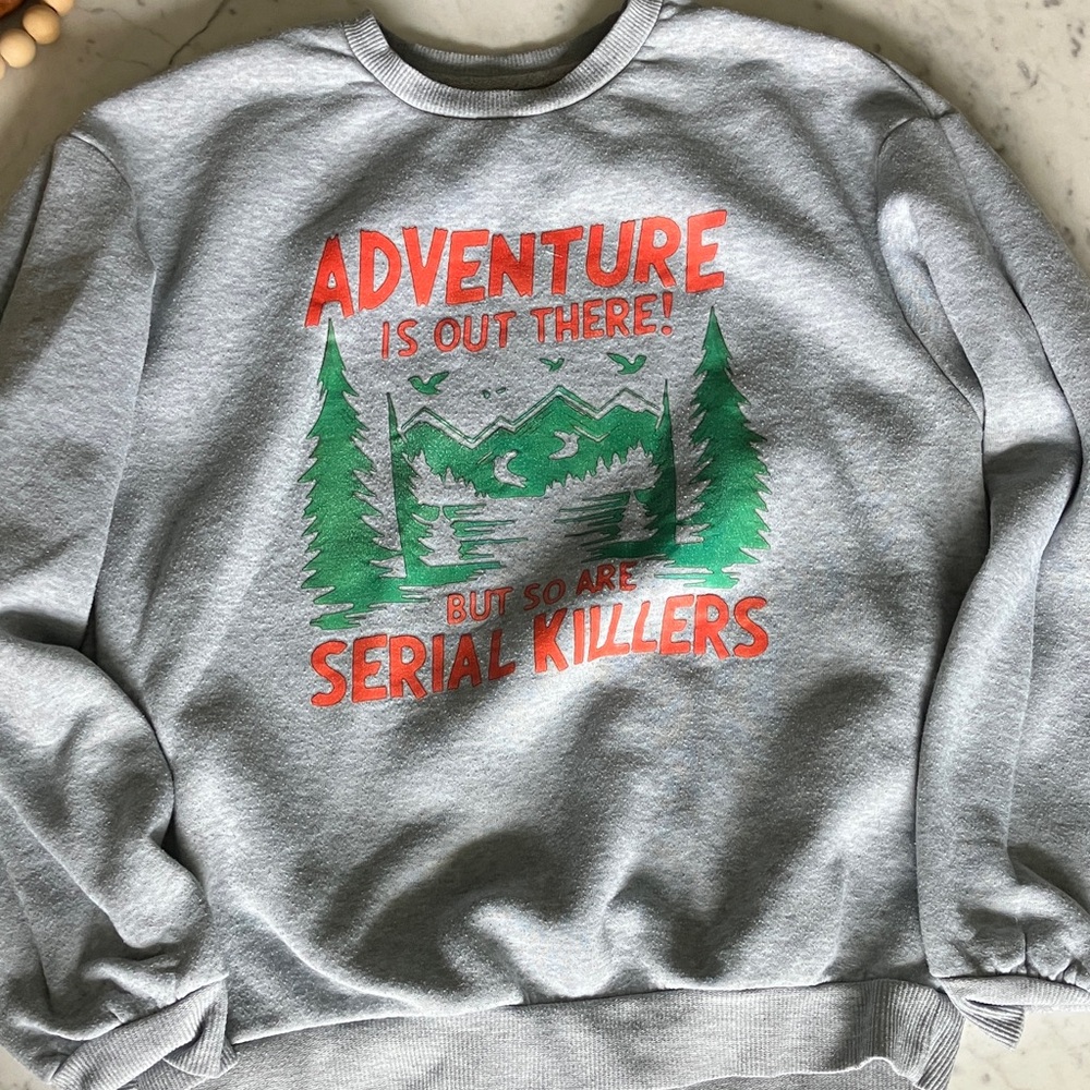 SHEIN Gray Crewneck Sweatshirt with Green Nature Graphic and Orange Text